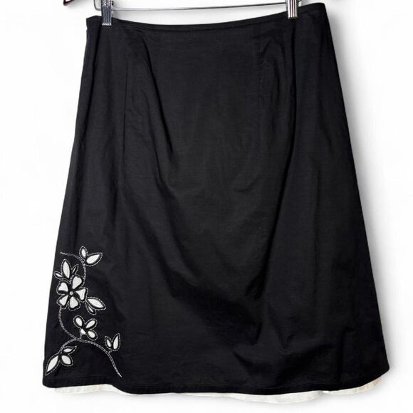 Y2K Black Cotton Midi Skirt White with 3D Floral Embroidery Layered Size 12 - Picture 5 of 9